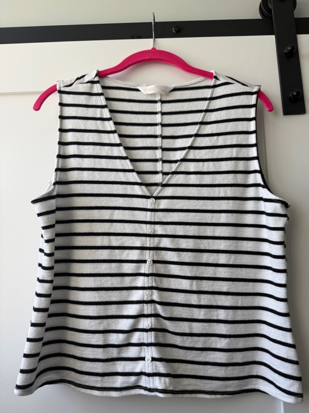 LC Lauren Conrad White and Black Striped V-Neck Button Tank